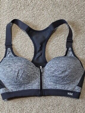 Victoria Secret Sport Heathered Grey Black Front-Zip Racerback Sports Bra